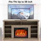 Il mobile TV include un caminetto elettrico e un centro console per l'intrattenimento multimediale, completo di telecomando ed effetti fiamma LED regolabili.