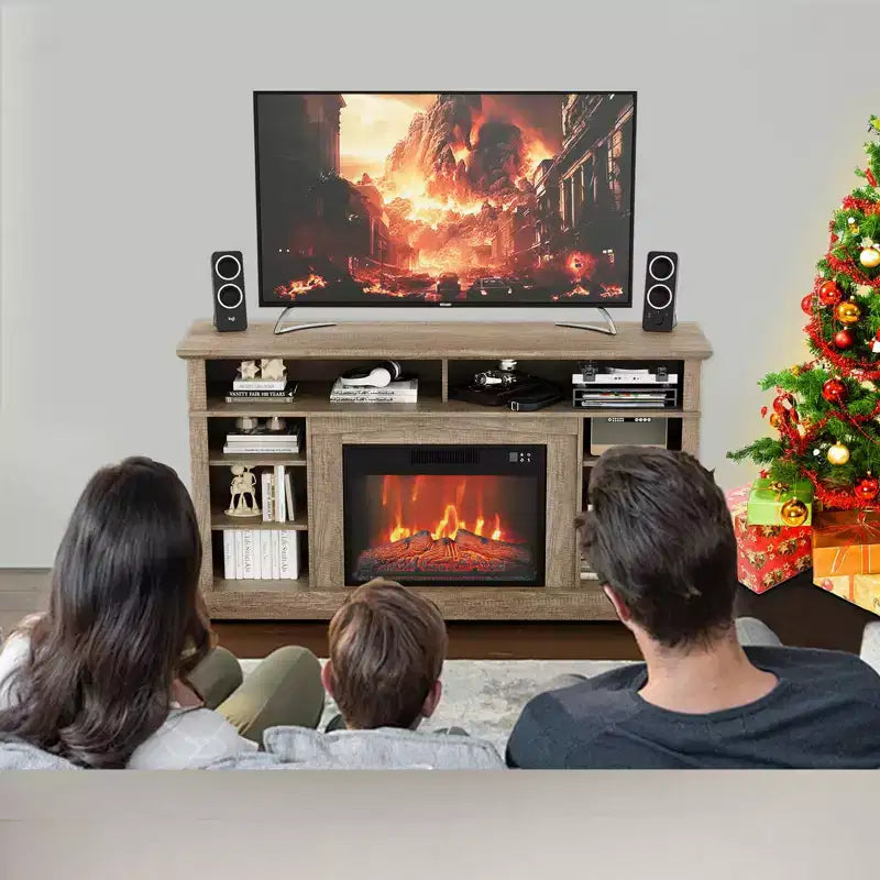 Il mobile TV include un caminetto elettrico e un centro console per l'intrattenimento multimediale, completo di telecomando ed effetti fiamma LED regolabili.