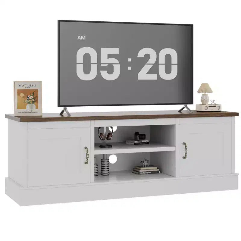 Mobile TV in stile rustico con armadietto contenitore, moderno mobile console con venature del legno effetto rustico, adatto per soggiorni e uffici domestici.