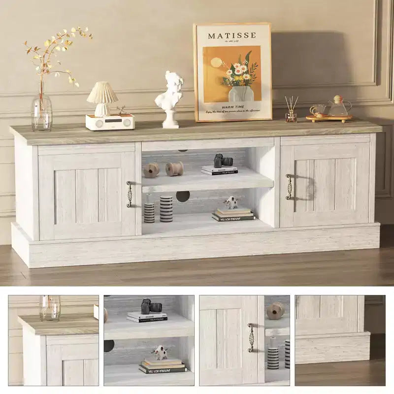 Mobile TV in stile rustico con armadietto contenitore, moderno mobile console con venature del legno effetto rustico, adatto per soggiorni e uffici domestici.