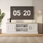 Farmhouse-style TV stand with storage cabinet, modern media console featuring rustic wood grain design, suitable for living rooms and home offices.