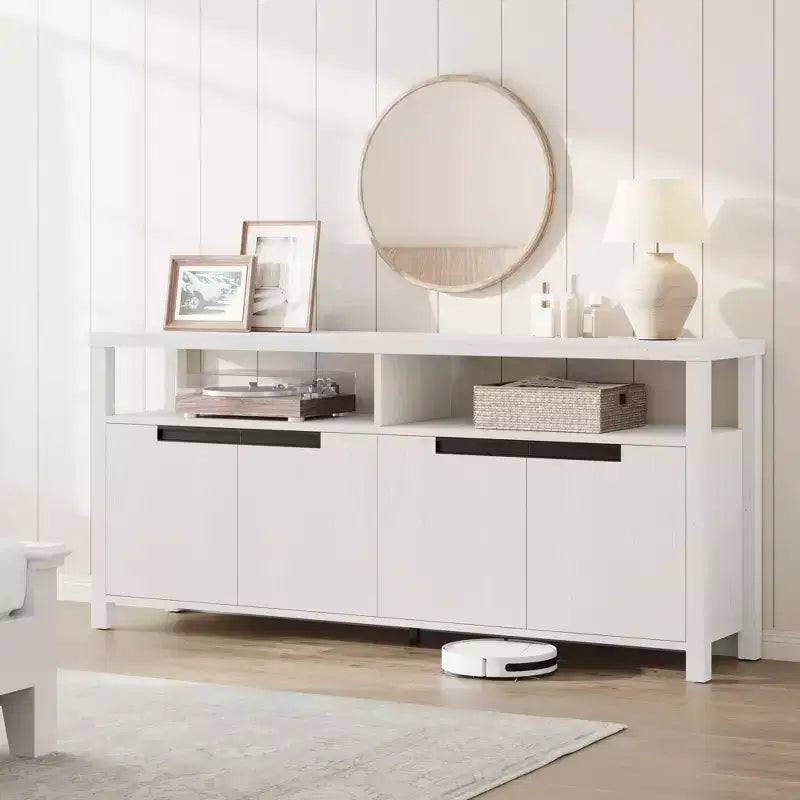 Mobile TV stile rustico con contenitore e ripiani aperti, mobile multimediale alto e moderno per soggiorno o camera da letto