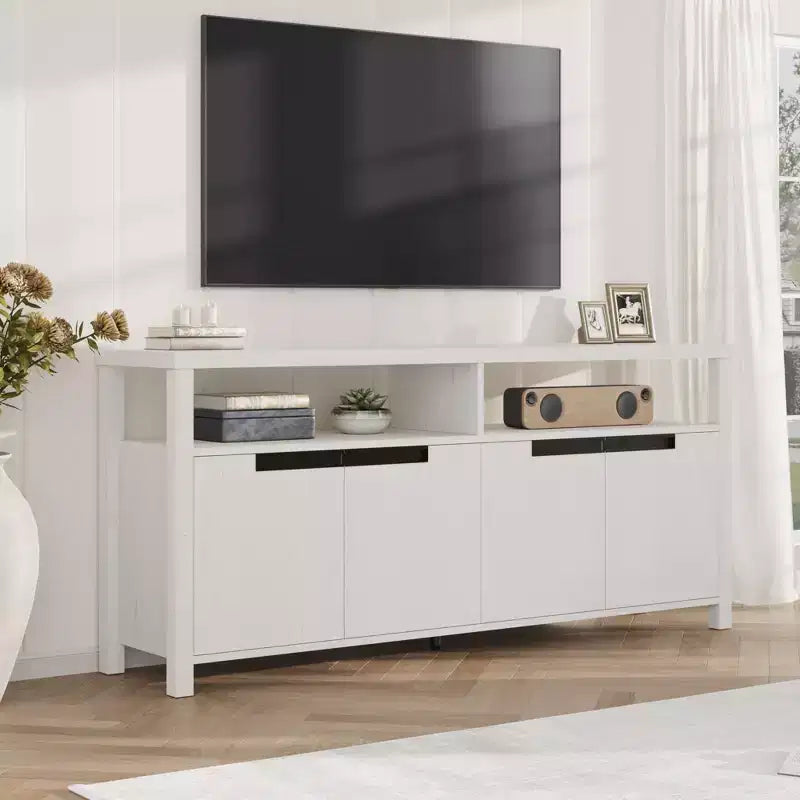 Mobile TV stile rustico con contenitore e ripiani aperti, mobile multimediale alto e moderno per soggiorno o camera da letto