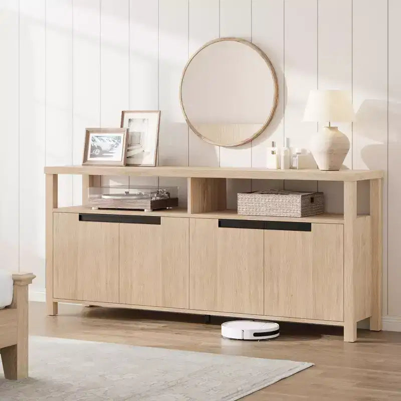 Mobile TV stile rustico con contenitore e ripiani aperti, mobile multimediale alto e moderno per soggiorno o camera da letto
