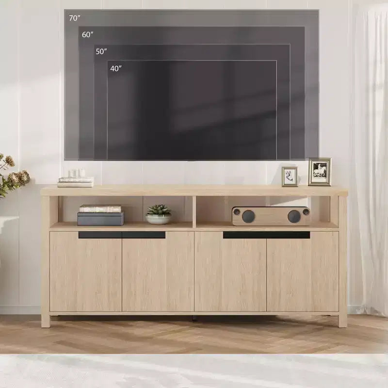 Mobile TV stile rustico con contenitore e ripiani aperti, mobile multimediale alto e moderno per soggiorno o camera da letto