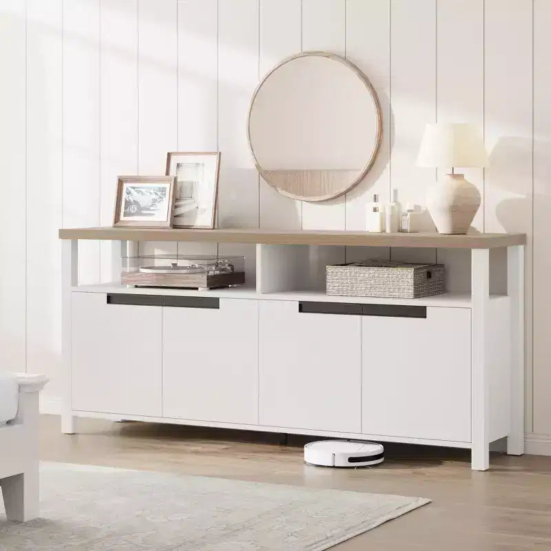 Mobile TV stile rustico con contenitore e ripiani aperti, mobile multimediale alto e moderno per soggiorno o camera da letto