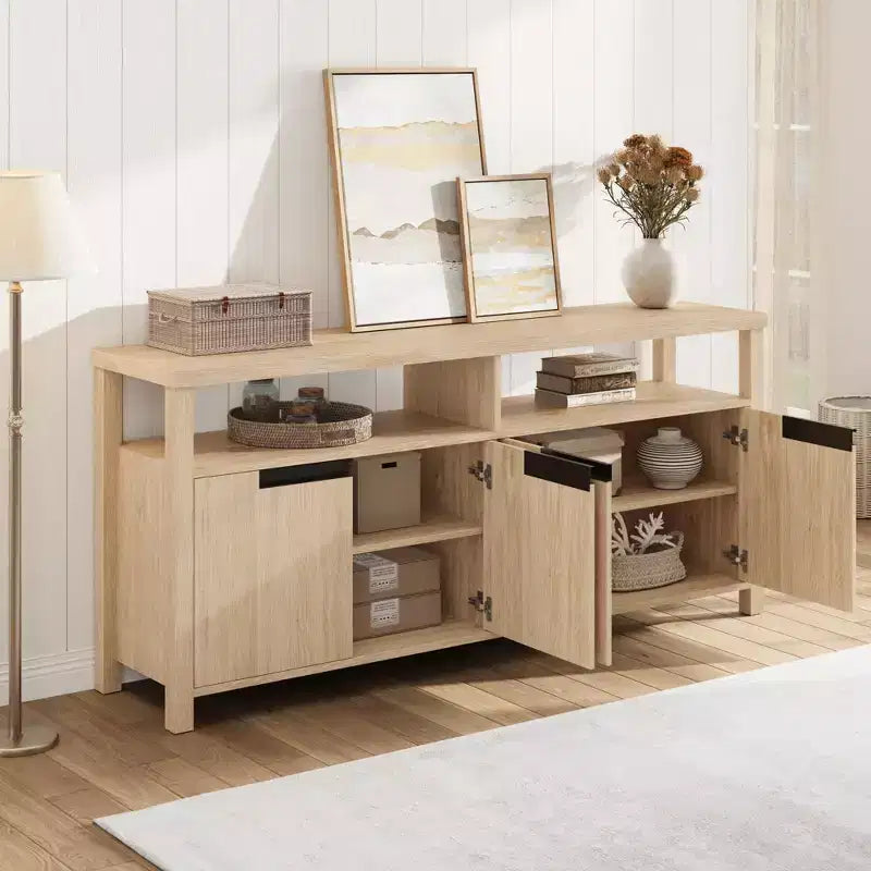 Mobile TV stile rustico con contenitore e ripiani aperti, mobile multimediale alto e moderno per soggiorno o camera da letto