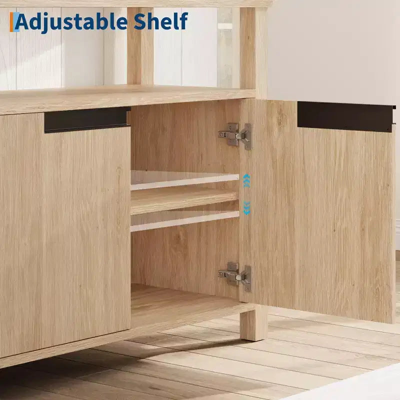 Mobile TV stile rustico con contenitore e ripiani aperti, mobile multimediale alto e moderno per soggiorno o camera da letto