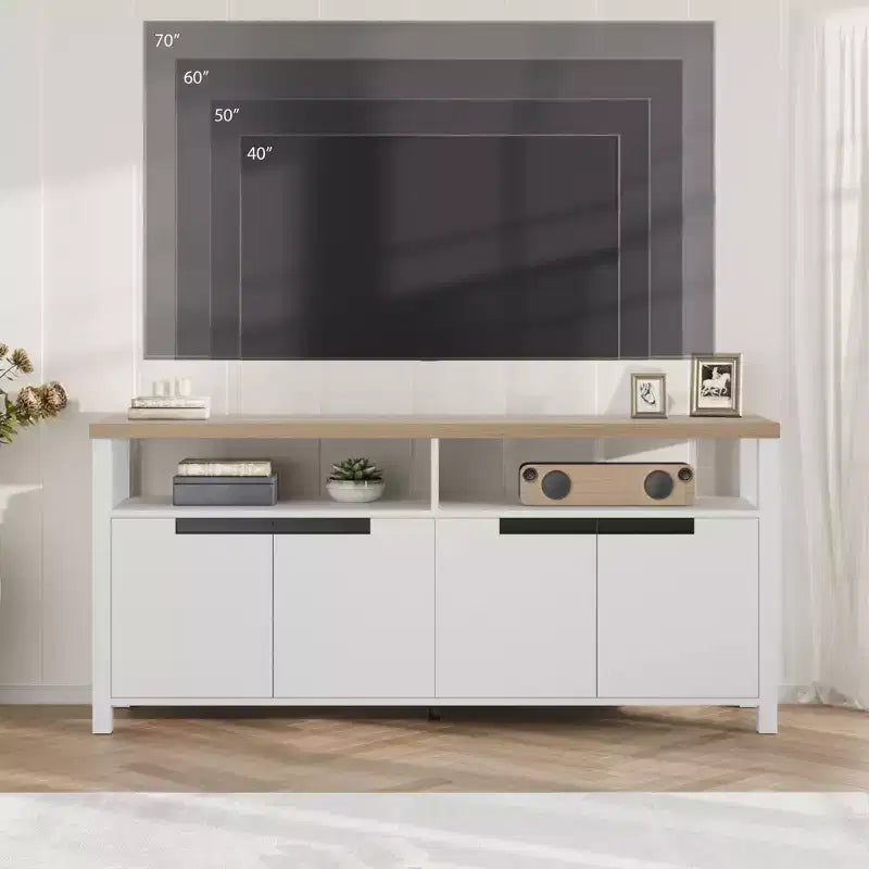 Mobile TV stile rustico con contenitore e ripiani aperti, mobile multimediale alto e moderno per soggiorno o camera da letto
