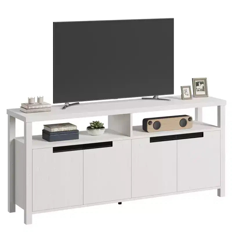 Mobile TV stile rustico con contenitore e ripiani aperti, mobile multimediale alto e moderno per soggiorno o camera da letto