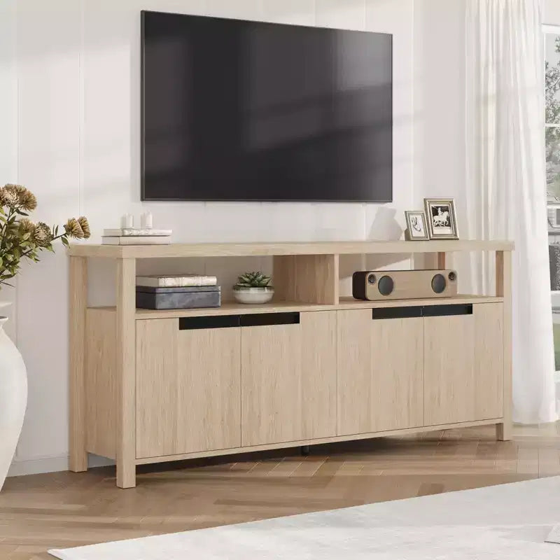 Mobile TV stile rustico con contenitore e ripiani aperti, mobile multimediale alto e moderno per soggiorno o camera da letto