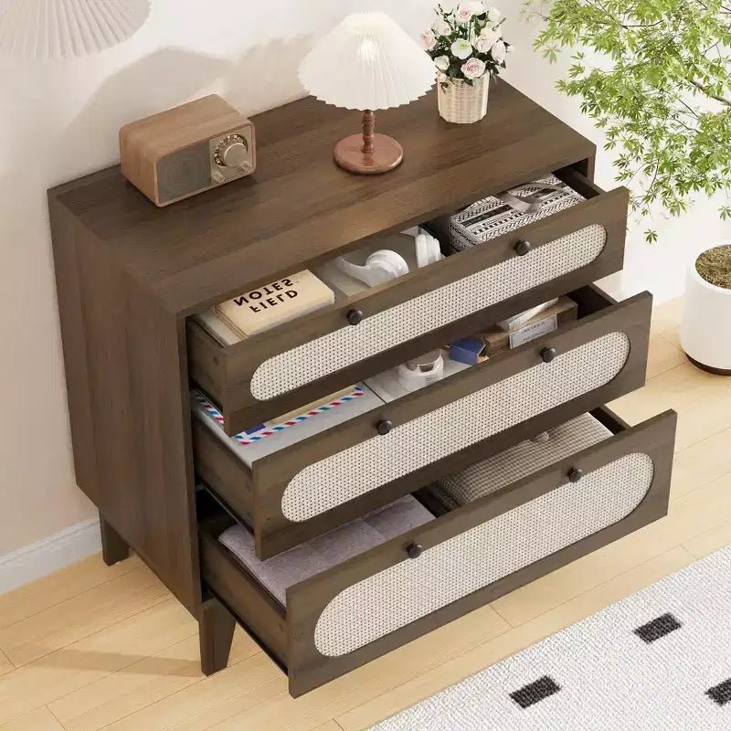 Comodino a tre cassetti, comodino sottile in legno stile Modern Farmhouse con tre cassetti, per camera da letto o soggiorno