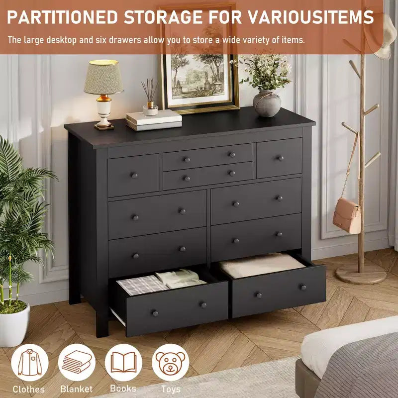 Cassettiera portaoggetti moderna in legno per armadio, comò grande nero a 10 cassetti per camera da letto, cassetti profondi,