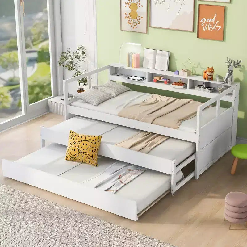 Divano Letto con Due Letti Estraibili e Scaffali, Struttura per Divano Letto in Legno con Design di Ricarica USB e 1 Luce Gratis,