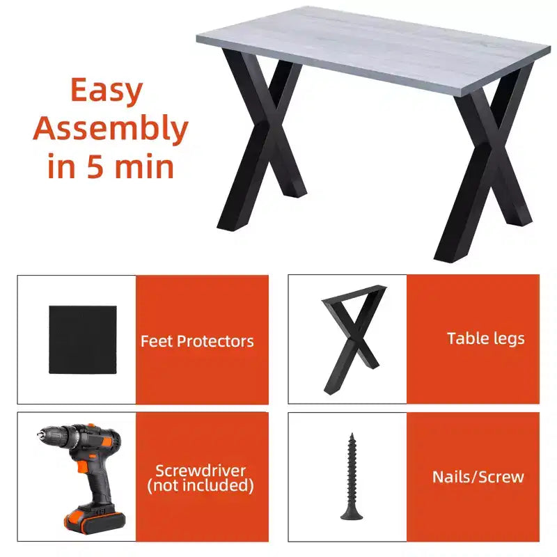 Set di 2 gambe da tavolo in acciaio, gambe da tavolo da pranzo a forma di X per carichi pesanti, supporto per mobili in stile industriale, quattro cuscinetti protettivi per pavimenti per tavoli da lavoro