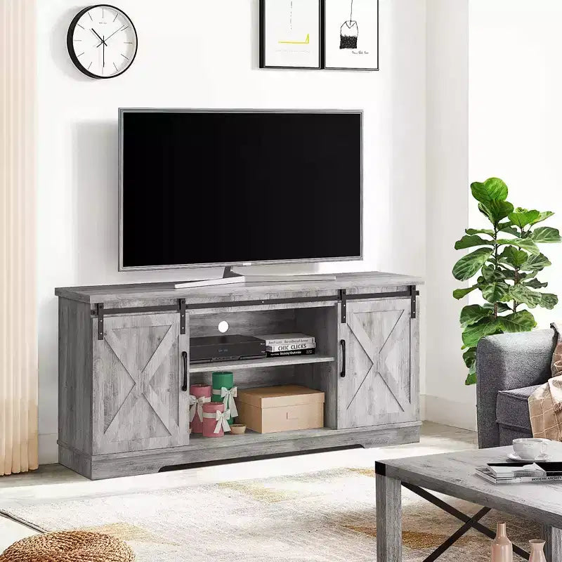 Mobile TV, porta TV da 58 pollici per TV da 65 pollici, mobile TV con ante scorrevoli in stile rustico, consolle multimediale industriale, credenza portaoggetti per soggiorno