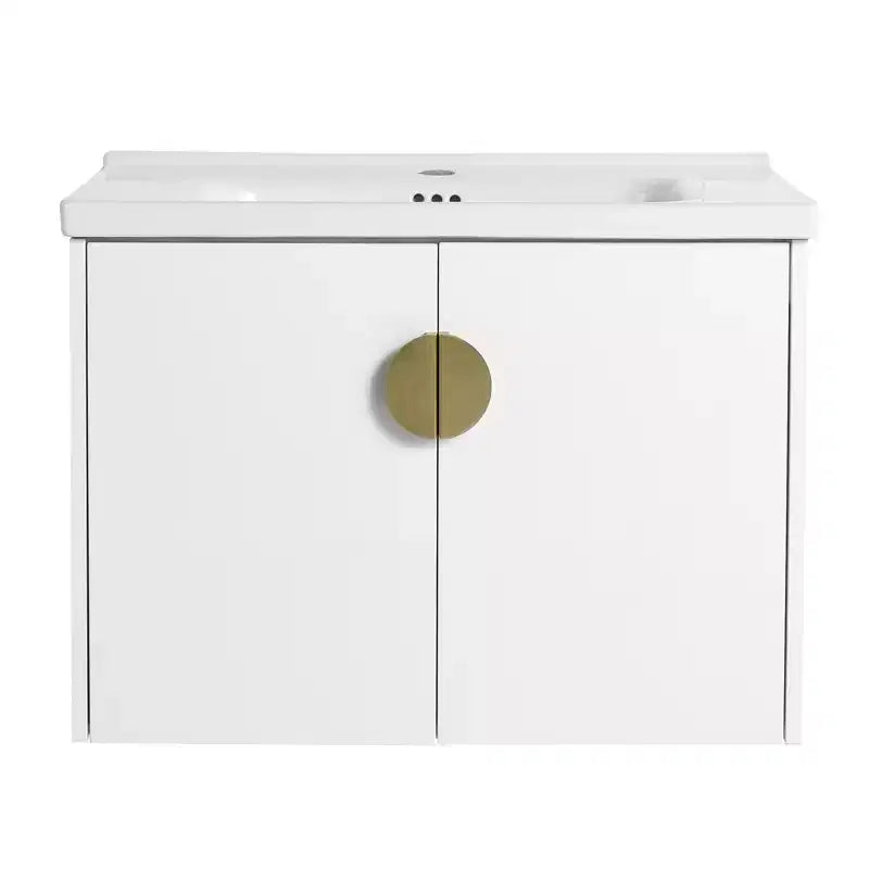 Mobile bagno moderno con lavabo in ceramica, ante con chiusura ammortizzata e finitura bianco lucido antigraffio.