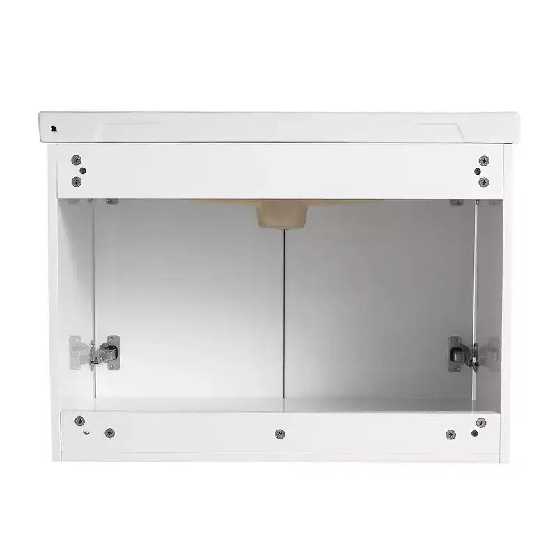 Mobile bagno moderno con lavabo in ceramica, ante con chiusura ammortizzata e finitura bianco lucido antigraffio.