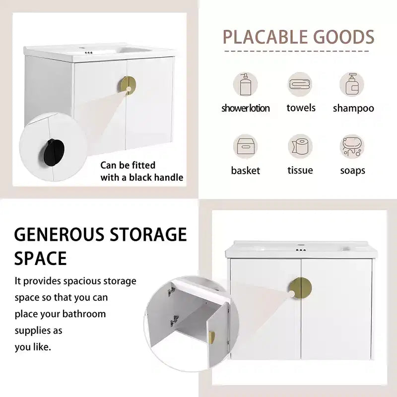 Mobile bagno moderno con lavabo in ceramica, ante con chiusura ammortizzata e finitura bianco lucido antigraffio.