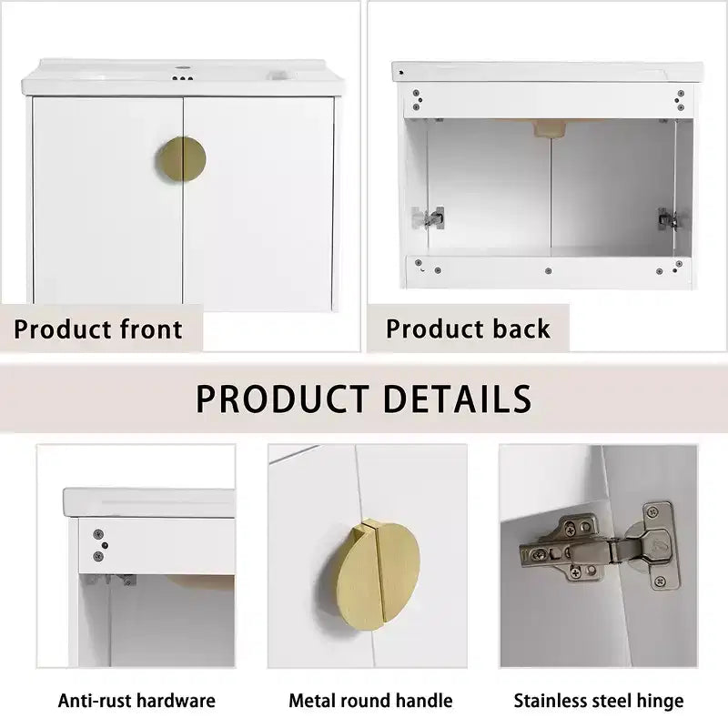 Mobile bagno moderno con lavabo in ceramica, ante con chiusura ammortizzata e finitura bianco lucido antigraffio.