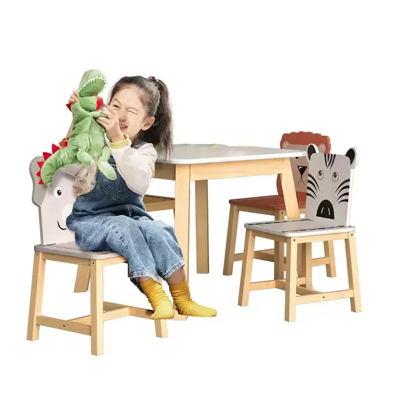 Set Tavolo e Sedie per Bambini, Tavolo in Legno per Bambini con 4 Sedie, Sedie con Schienale a Motivo di Animali dei Cartoni Animati, Set Tavolo e Sedie Carino