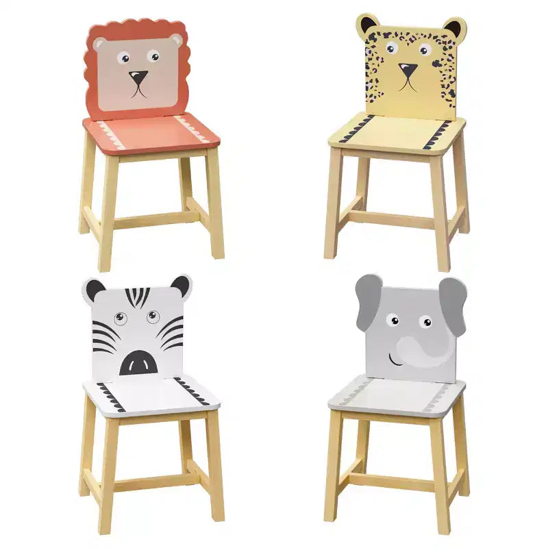 Set Tavolo e Sedie per Bambini, Tavolo in Legno per Bambini con 4 Sedie, Sedie con Schienale a Motivo di Animali dei Cartoni Animati, Set Tavolo e Sedie Carino