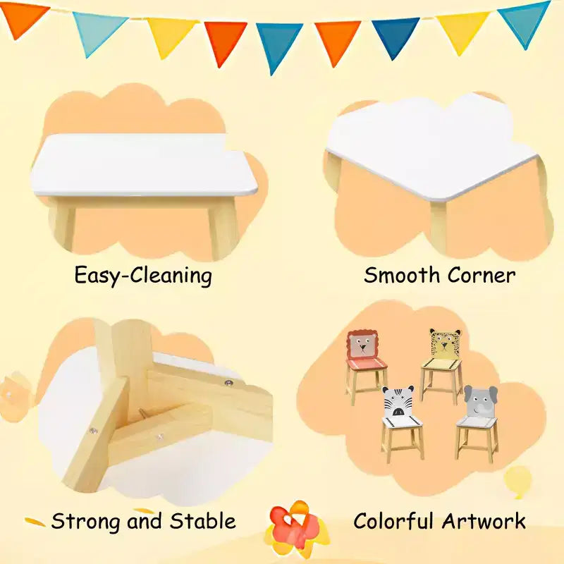 Set Tavolo e Sedie per Bambini, Tavolo in Legno per Bambini con 4 Sedie, Sedie con Schienale a Motivo di Animali dei Cartoni Animati, Set Tavolo e Sedie Carino