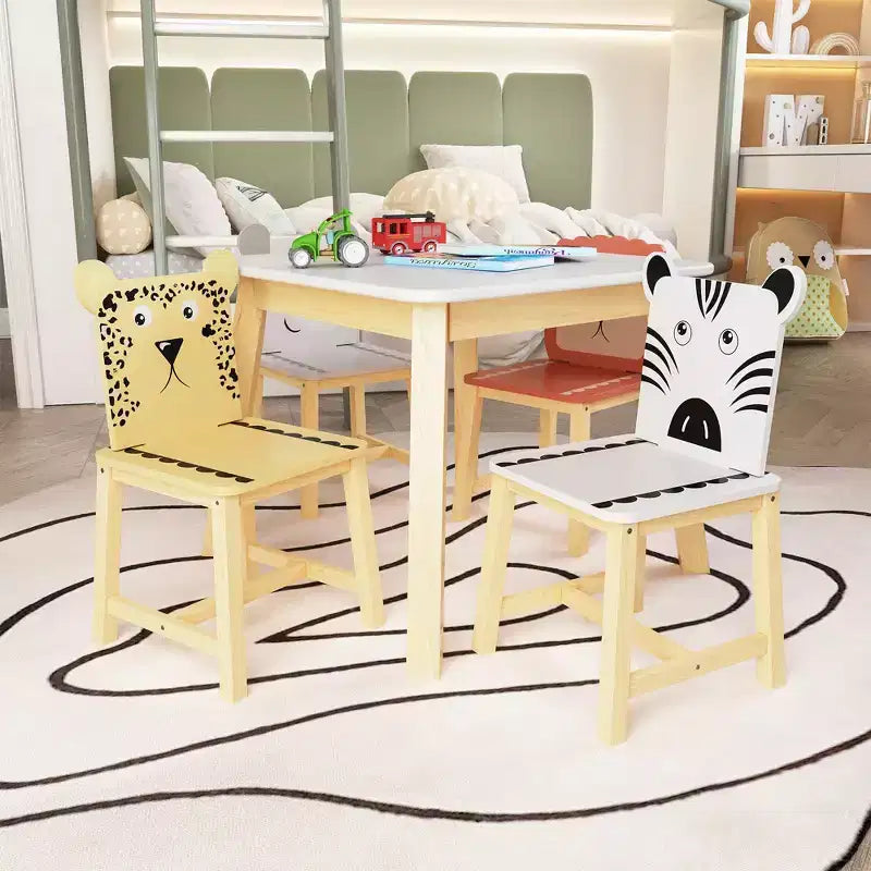 Set Tavolo e Sedie per Bambini, Tavolo in Legno per Bambini con 4 Sedie, Sedie con Schienale a Motivo di Animali dei Cartoni Animati, Set Tavolo e Sedie Carino