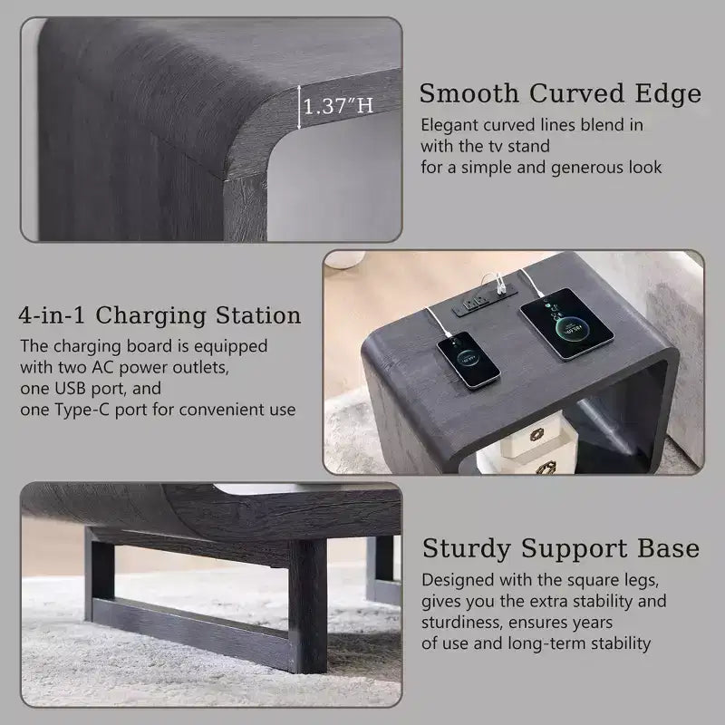 Tavolino con Stazione di Ricarica, Comodino in Legno da 60 cm con Ripiano Aperto, Tavolino Moderno per Soggiorno, Camera da Letto