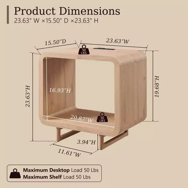 Tavolino con Stazione di Ricarica, Comodino in Legno da 60 cm con Ripiano Aperto, Tavolino Moderno per Soggiorno, Camera da Letto