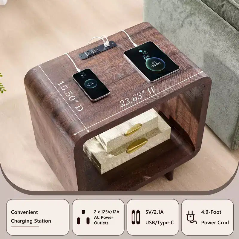 Tavolino con Stazione di Ricarica, Comodino in Legno da 60 cm con Ripiano Aperto, Tavolino Moderno per Soggiorno, Camera da Letto