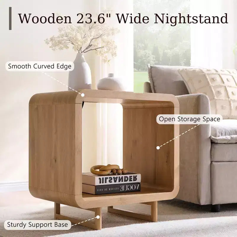 Tavolino con Stazione di Ricarica, Comodino in Legno da 60 cm con Ripiano Aperto, Tavolino Moderno per Soggiorno, Camera da Letto