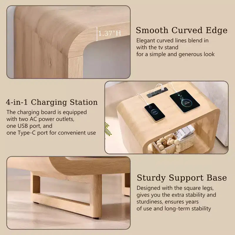 Tavolino con Stazione di Ricarica, Comodino in Legno da 60 cm con Ripiano Aperto, Tavolino Moderno per Soggiorno, Camera da Letto