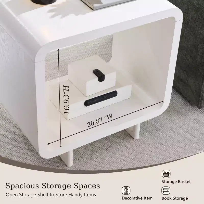 Tavolino con Stazione di Ricarica, Comodino in Legno da 60 cm con Ripiano Aperto, Tavolino Moderno per Soggiorno, Camera da Letto