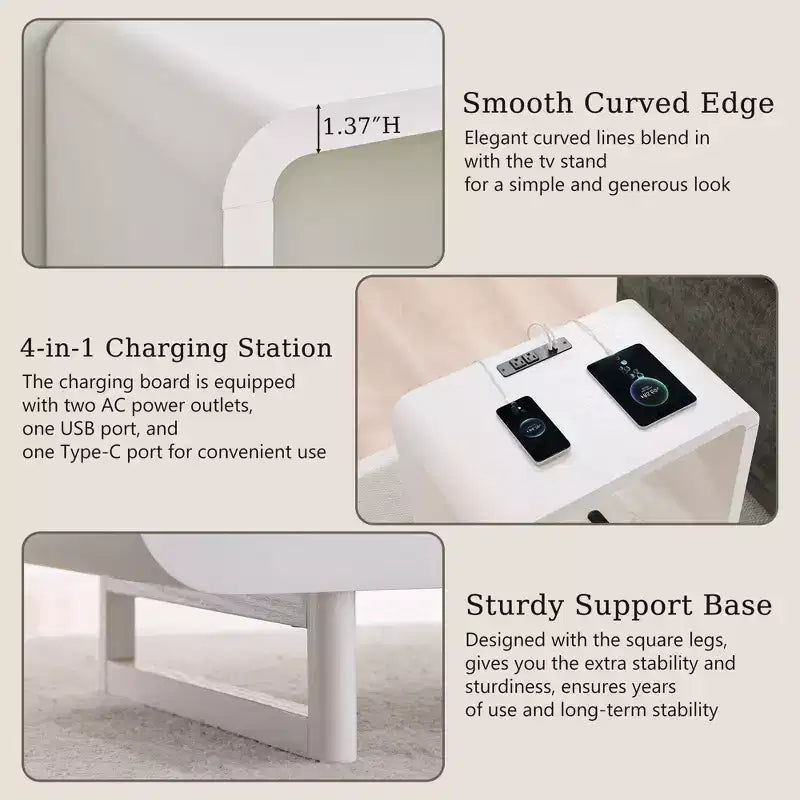 Tavolino con Stazione di Ricarica, Comodino in Legno da 60 cm con Ripiano Aperto, Tavolino Moderno per Soggiorno, Camera da Letto