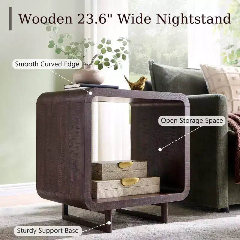 Tavolino con Stazione di Ricarica, Comodino in Legno da 60 cm con Ripiano Aperto, Tavolino Moderno per Soggiorno, Camera da Letto