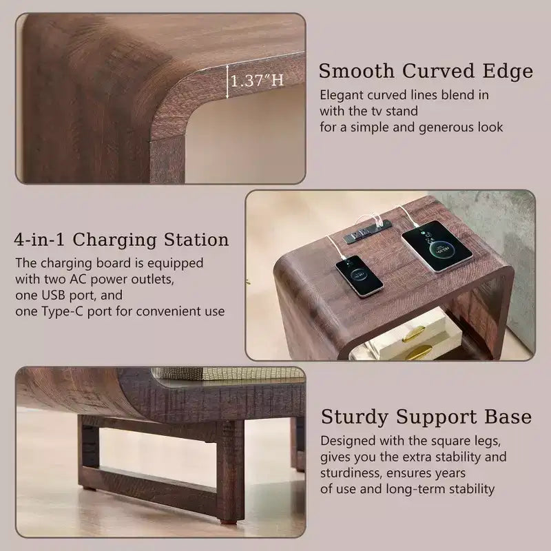 Tavolino con Stazione di Ricarica, Comodino in Legno da 60 cm con Ripiano Aperto, Tavolino Moderno per Soggiorno, Camera da Letto