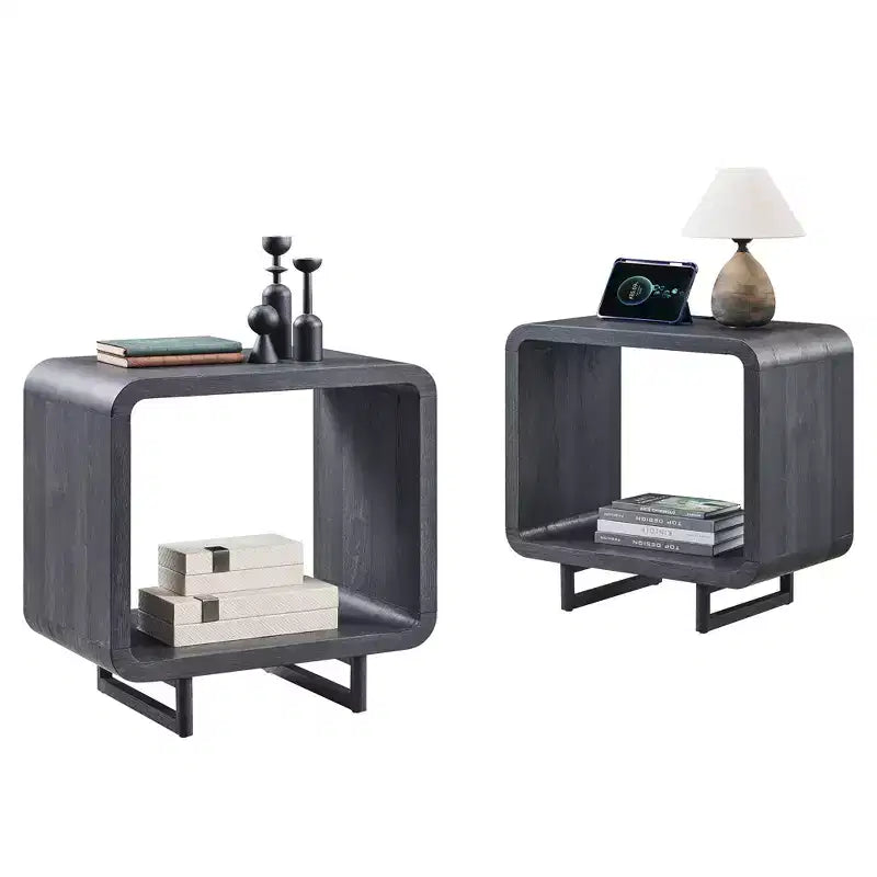 Tavolino con Stazione di Ricarica, Comodino in Legno da 60 cm con Ripiano Aperto, Tavolino Moderno per Soggiorno, Camera da Letto