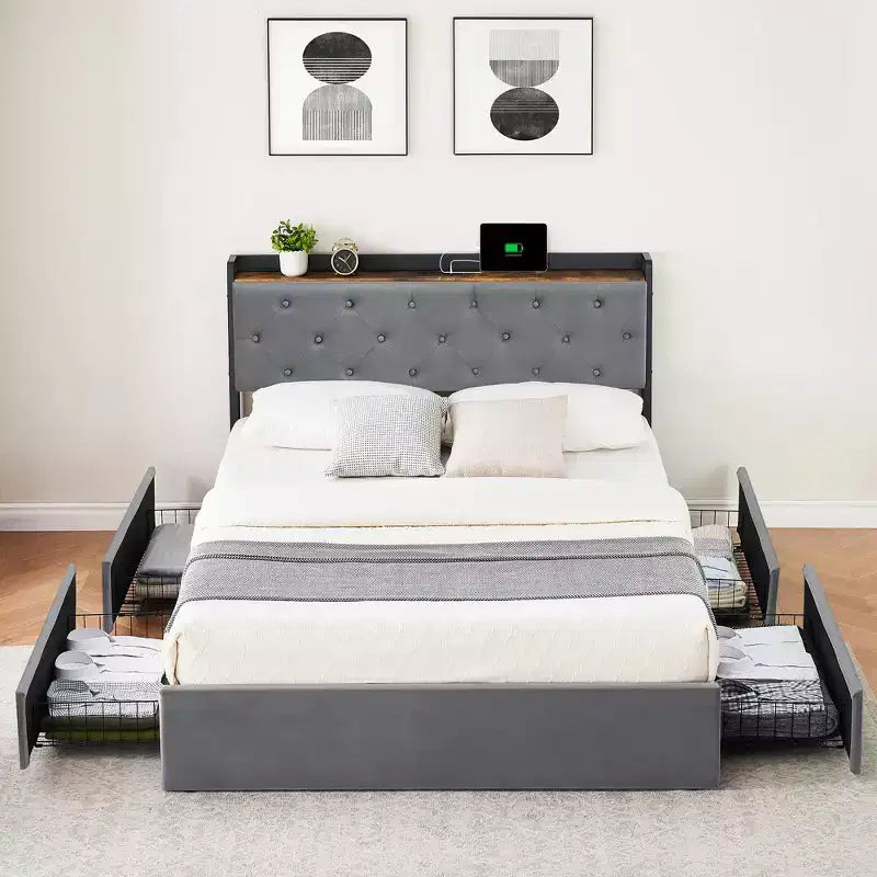 GustoWave Upholstered Bed Frame with Storage Drawers, Velvet Bed with Headboard Shelf, Metal Slats Support, No Box Spring Needed