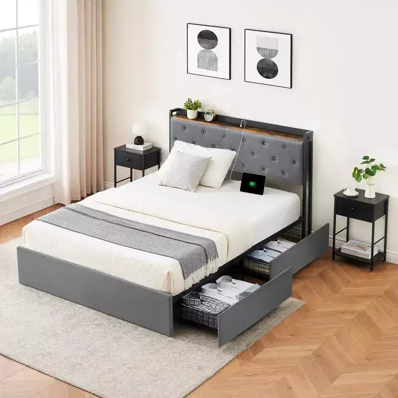 GustoWave Letto Imbottito con Cassetti Contenitori, Letto in Velluto con Mensola sulla Testiera, Supporto a Doghe Metalliche, Nessun Box Spring Necessario