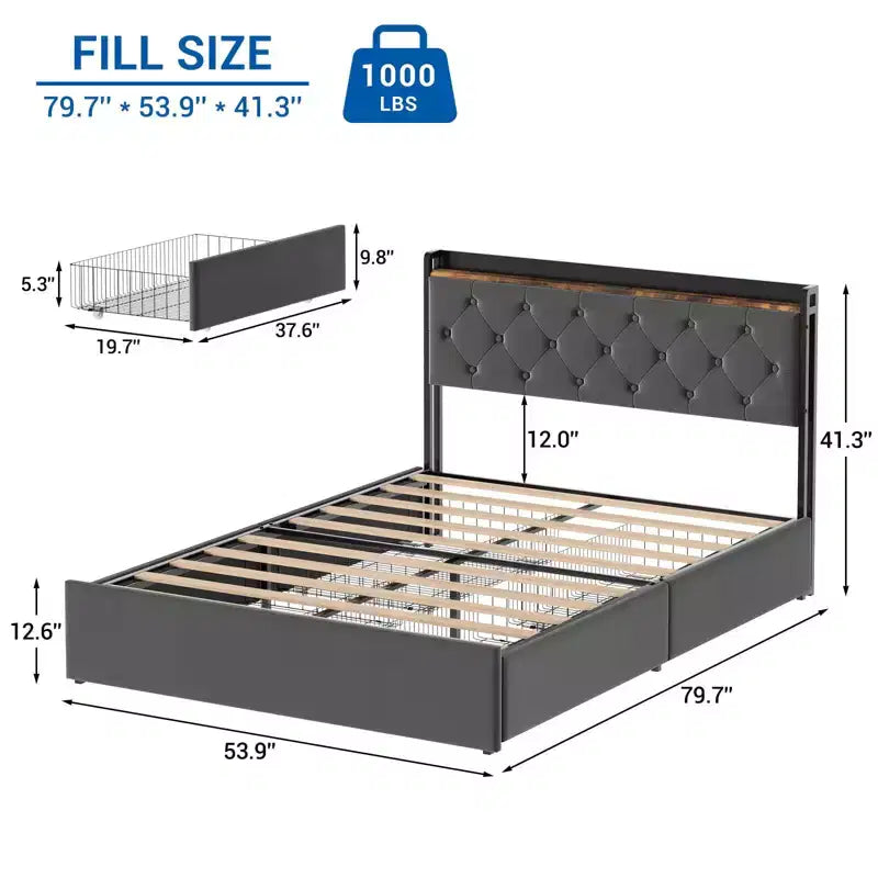 GustoWave Letto Imbottito con Cassetti Contenitori, Letto in Velluto con Mensola sulla Testiera, Supporto a Doghe Metalliche, Nessun Box Spring Necessario