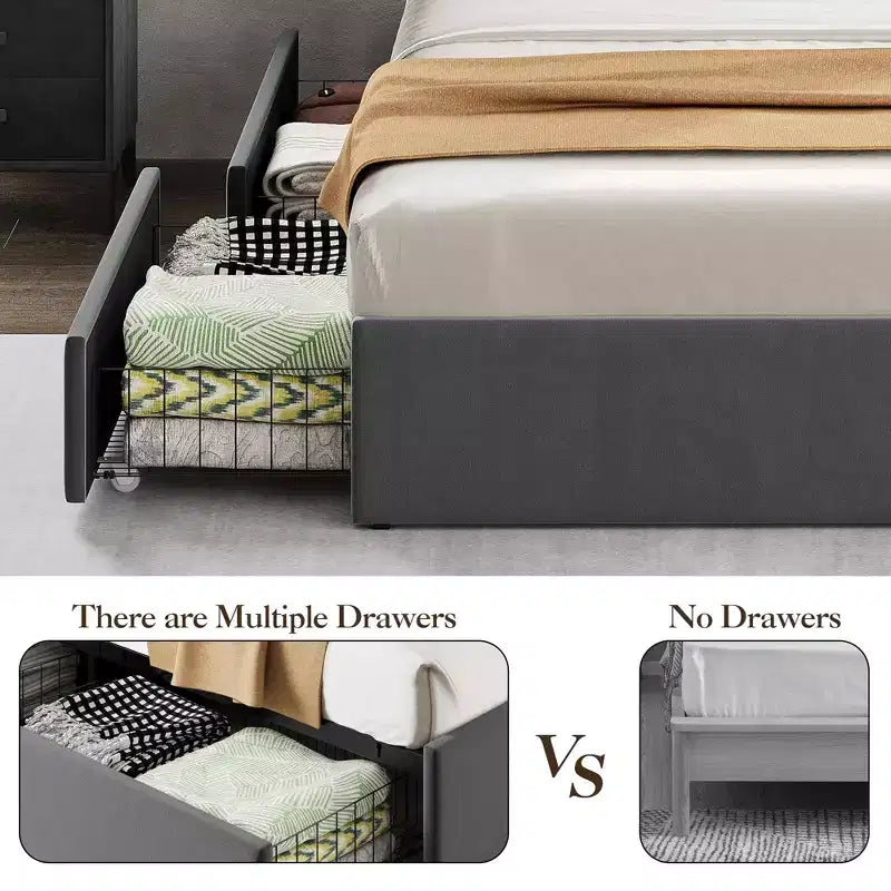 GustoWave Letto Imbottito con Cassetti Contenitori, Letto in Velluto con Mensola sulla Testiera, Supporto a Doghe Metalliche, Nessun Box Spring Necessario