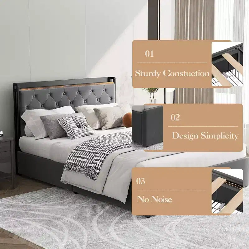 GustoWave Letto Imbottito con Cassetti Contenitori, Letto in Velluto con Mensola sulla Testiera, Supporto a Doghe Metalliche, Nessun Box Spring Necessario