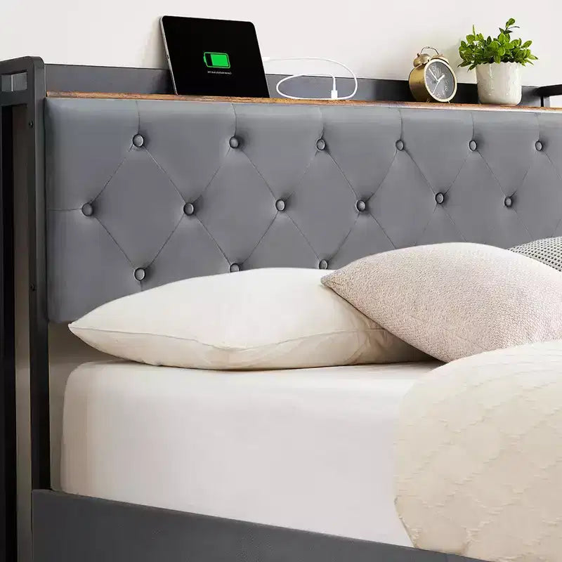 GustoWave Letto Imbottito con Cassetti Contenitori, Letto in Velluto con Mensola sulla Testiera, Supporto a Doghe Metalliche, Nessun Box Spring Necessario