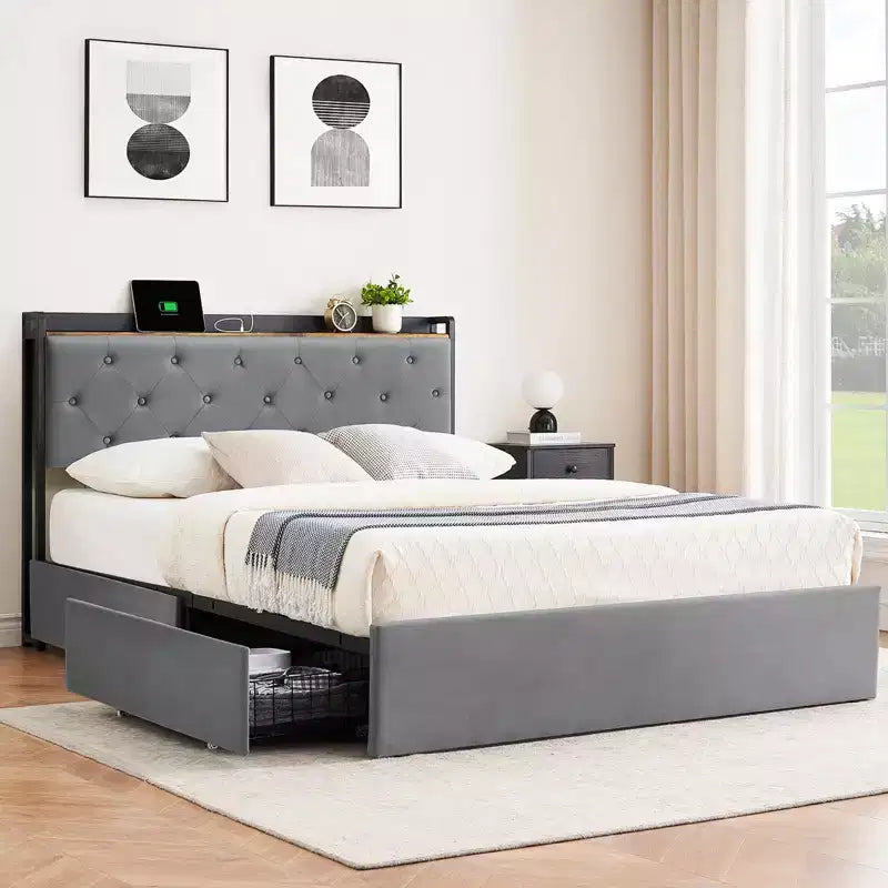 GustoWave Letto Imbottito con Cassetti Contenitori, Letto in Velluto con Mensola sulla Testiera, Supporto a Doghe Metalliche, Nessun Box Spring Necessario