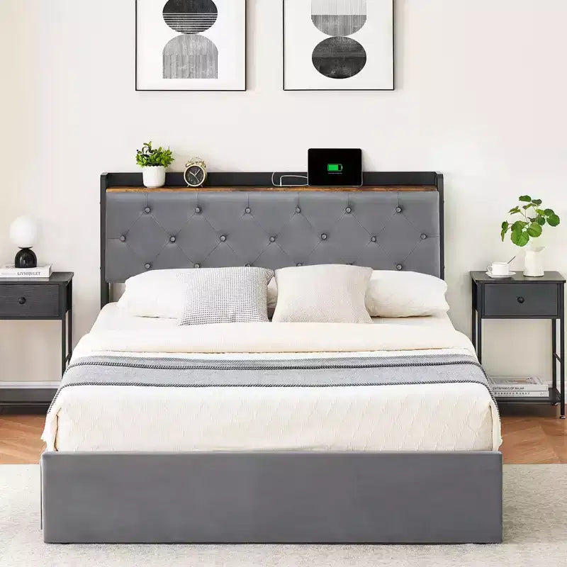 GustoWave Letto Imbottito con Cassetti Contenitori, Letto in Velluto con Mensola sulla Testiera, Supporto a Doghe Metalliche, Nessun Box Spring Necessario