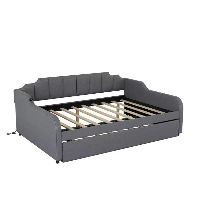 Divano Letto Tappezzato a Grandezza Naturale con Letto Estraibile e Design di Ricarica USB, Letto Estraibile Piatto o Verticale, Grigio