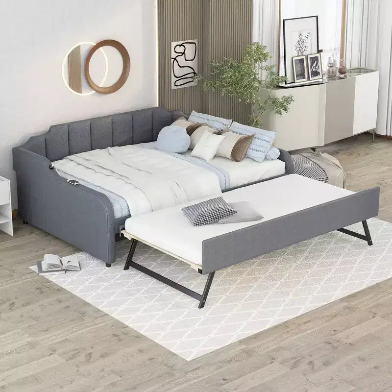 Divano Letto Tappezzato a Grandezza Naturale con Letto Estraibile e Design di Ricarica USB, Letto Estraibile Piatto o Verticale, Grigio
