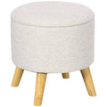 Round Ottoman Stool with Storage, Linen Fabric Upholstered Foot Stool with Padded Seat
