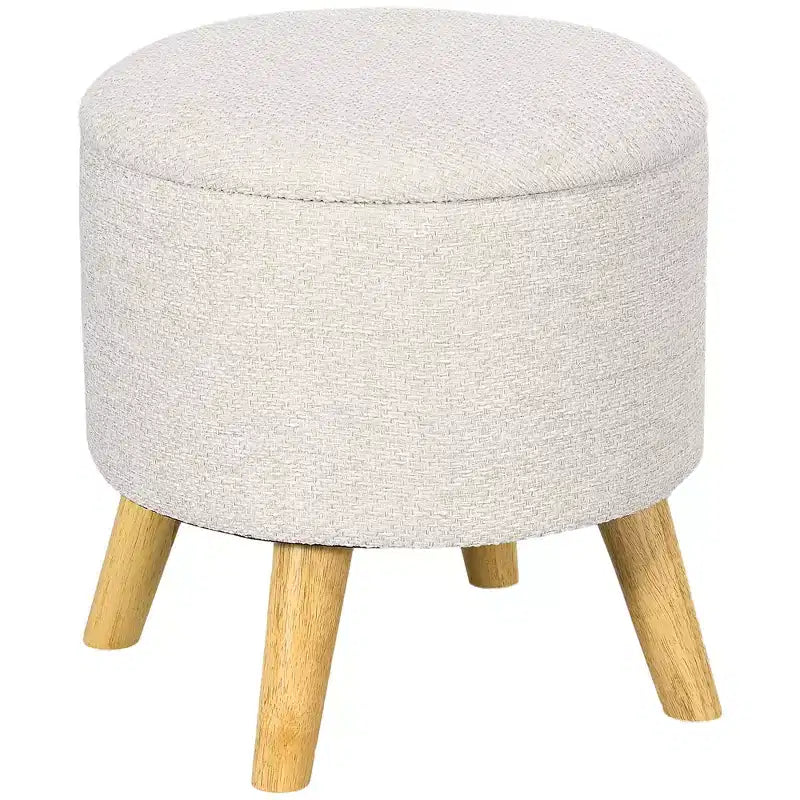 Round Ottoman Stool with Storage, Linen Fabric Upholstered Foot Stool with Padded Seat